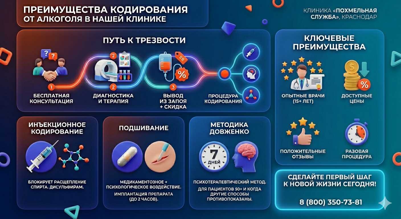 Инфографика о методах кодирования от алкоголя в Ивановской: инъекции, подшивание, метод Довженко. Преимущества клиники и этапы лечения.