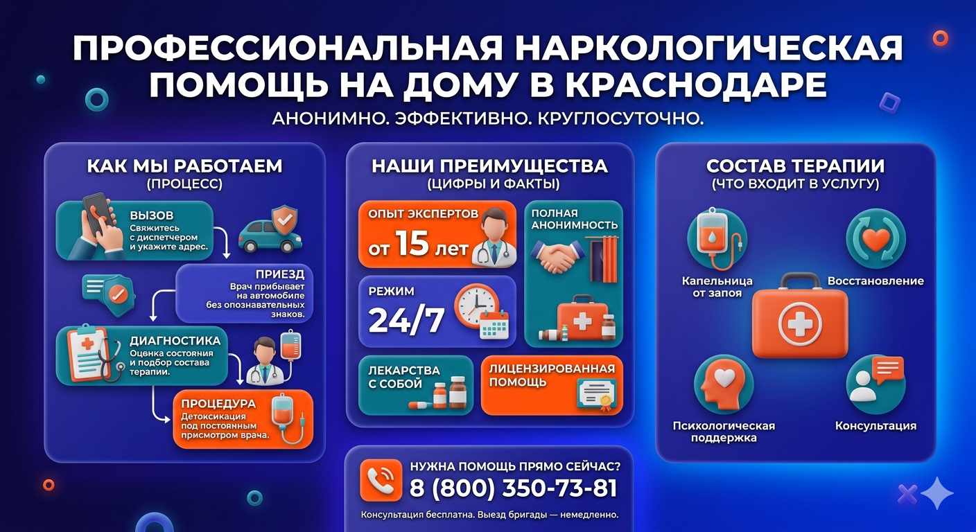 Инфографика о принципах лечения алкоголизма на дому в Ивановской: этапы вызова нарколога, преимущества анонимной детоксикации и состав медицинской помощи.